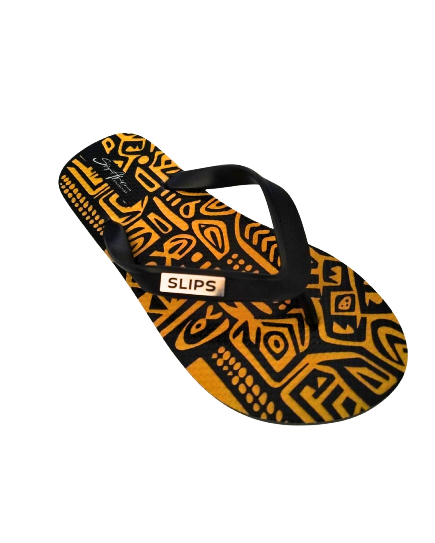 Pair of Gold Tribe African print flip flops by Slips Africa