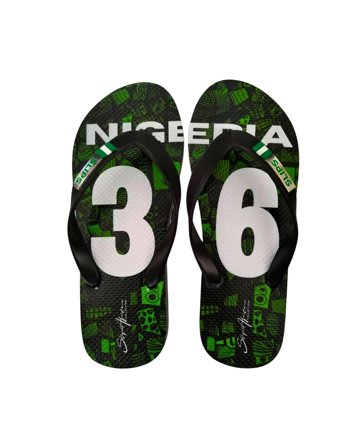 Naija 36 flip flops with green Nigerian flag print sole – Slips Africa