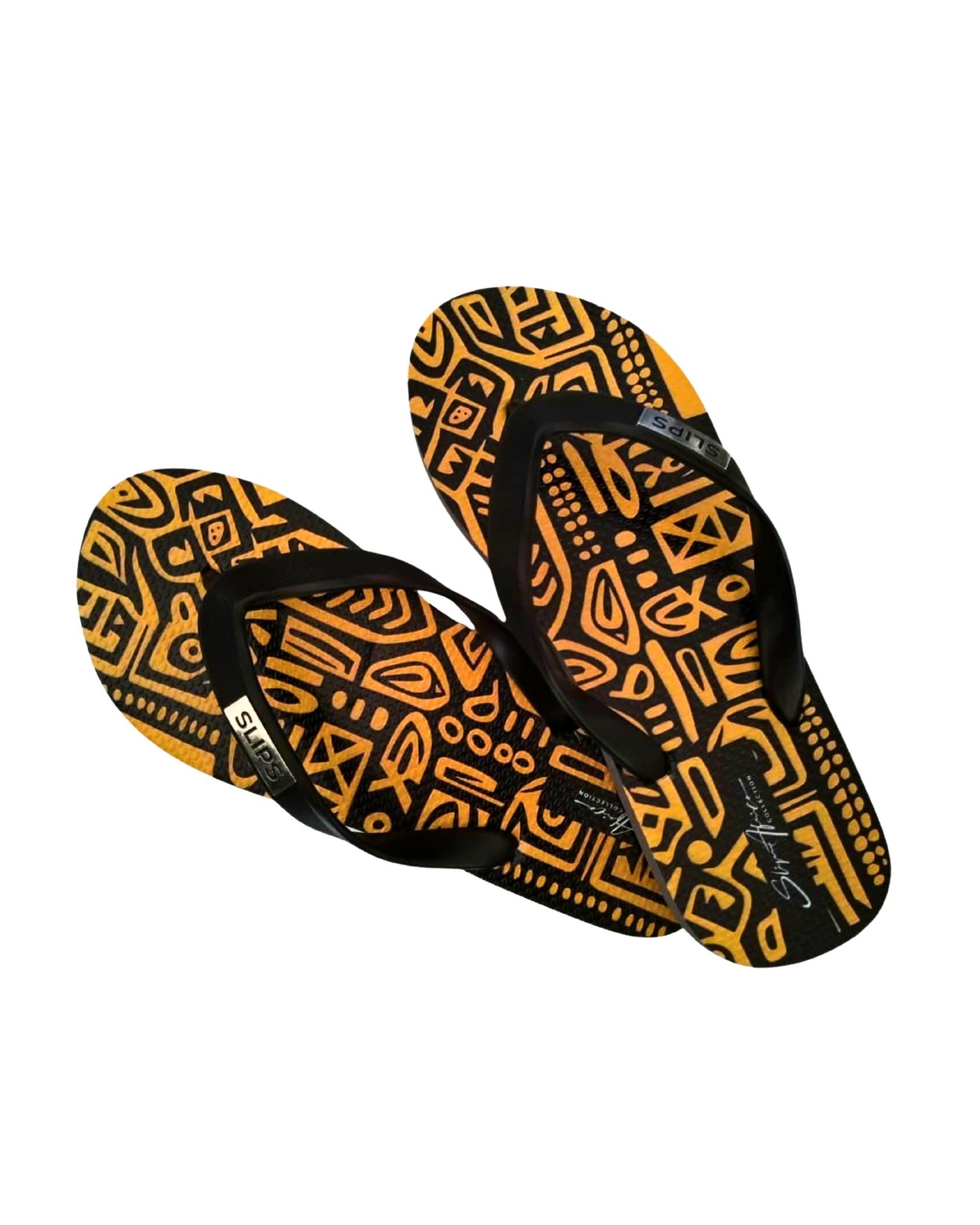 Gold Tribe flip flops with black straps – alternate view